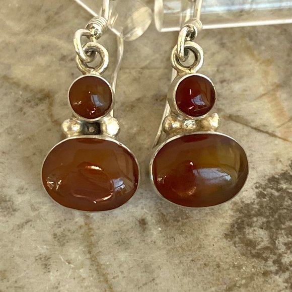 Sterling Silver 950 1.26" Oval Bezel Set Carnelian Gemstone Dangle Earrings 3.5g - Picture 8 of 16